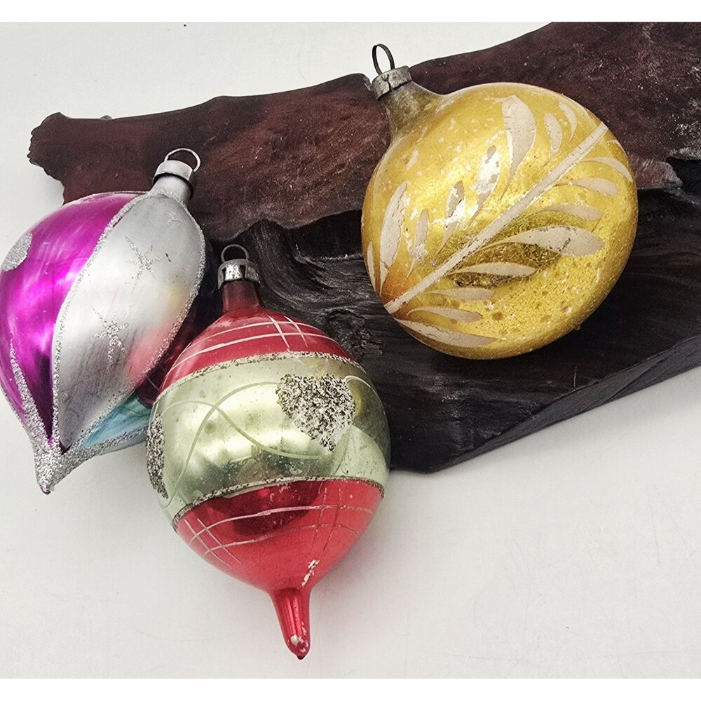 3~ Vintage Teardrop & Round Glass Christmas Ornaments